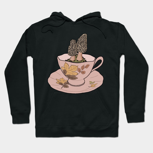 Autumn Cottagecore Morel Mushrooms Tea cup Hoodie by JuneNostalgia